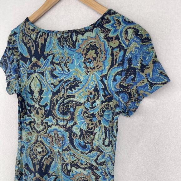 PERUVIAN CONNECTION Dress XS Paisley Midi Cap Sleeve Stretch Pima Cotton Blue - Picture 7 of 13